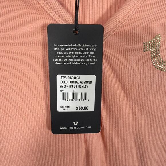 True Religion Studded Horseshoe V Neck Short Sleeve Button Henley Large NWT Rib - Picture 5 of 9